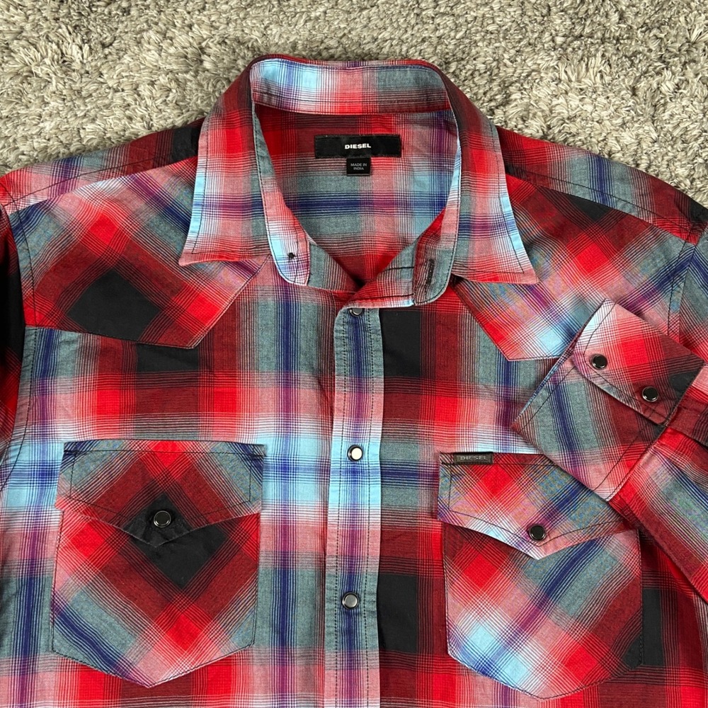 Diesel Pearl Snap Shirt Mens Medium Red Plaid Western‎ Pocket Long Sleeve Button